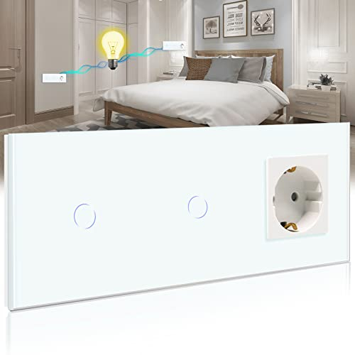 BSEED Touch Lichtschalter mit Schuko Steckdose mit LED Anzeiger doppelte 1 Fach 2 Wege Glas Lichtschalter mit eine Wandsteckdosen Weiß 228mm