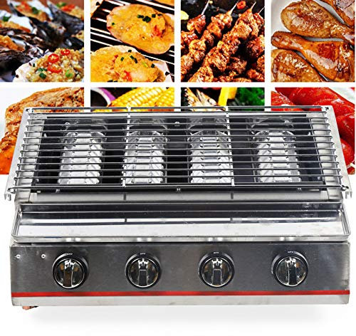 Barbacoa de mesa de 4 llamas, parrilla de gas, acero inoxidable, parrilla de 560 x 250 mm, LPG, portátil, para interior y exterior