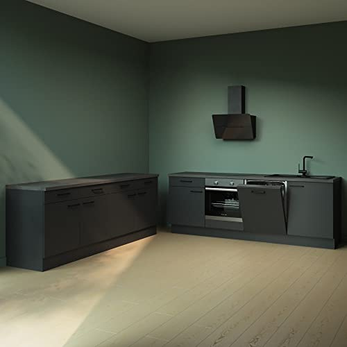 WALLERS Cuisine noire de 2 x 240 cm de long, lave-vaisselle intégré, four encastré, hotte, évier et mitigeur, plaque de cuisson 4 foyers (Plan de travail couleur béton, Évier à droite)