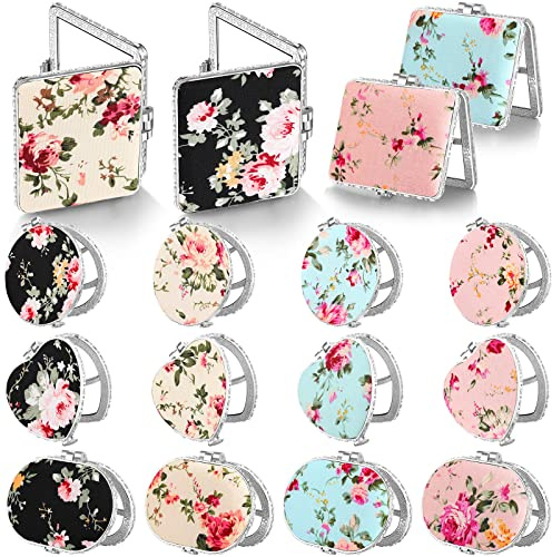 Blulu 16 Pcs Compact Mirrors for Purse Bulk Small Flower Pocket Mirror Vintage Portable Floral Folding Tea Party Favors Return Gifts for Women Birthday Wedding Mother Day Makeup Travel(Silver Edge)