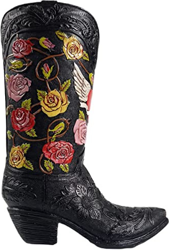 Urbalabs Western Cowboy Boot Vase 9.5 Inch Black Boot and Roses Winged Flower Vase Decorative Cowboy Boots Vases Home Office Rustic Decor Country Living Wedding Centerpiece