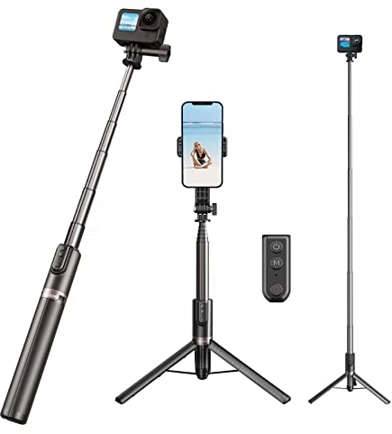 AFAITH Ausziehbares Selfie-Stick-Stativ mit Fernbedienung für GoPro Hero 12/11/10/9/8/MAX und Smartphone, Verlängerungs-Aluminium-Vlog-Pole-Einbeinstativ mit Handyhalter-Clip