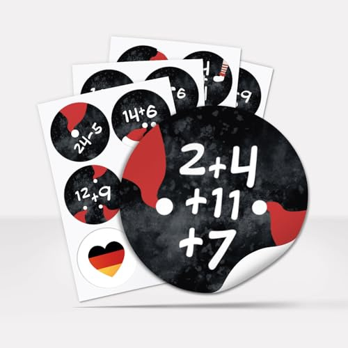 Adventskalender Zahlen Aufkleber, 24 Stück rund 4 cm - Mathe Aufgaben Rechnen Schwarz Rot für Kinder - Weihnachtskalender Zahlen Etiketten für Adventskalender Etiketten für Geschenke und Kalender