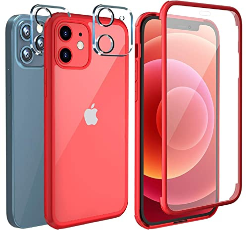 Leedia 360 Grad Handyhülle Kompatibel mit iPhone 12 Hülle + 2 Kameraschutz Ganzkörper Eingebauter Glas Displayschutzfolie Schutzhülle Transparent Clear Case für iPhone 12 Pro / 12 6.1 Rot