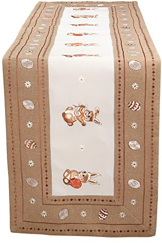 Quinnyshop Osterhasen Ostereier lila Blumen Stickerei Tischläufer Tischdecke Größe wählbar Polyester, Weiß (45 x 130 cm)