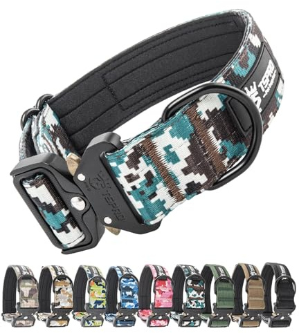 TSPRO Taktisches Hundehalsband mit Metall-Schnellverschluss & Klettfläche | Verstellbar & Schwer, 3,8 cm Breit mit Plaketten & Weicher Polsterung für Mittlere & Große Hunde, Spaziergänge, Camo Cyan L