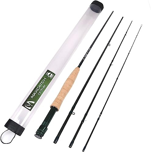 MAXIMUMCATCH Maxcatch Extreme Graphite Fly Fishing Rod 4-Piece 9 Feet with IM6 Carbon Blank, Hard Chromed Guides, A Cork Grip (Size:3/4/5/6/7/8/10wt) (10ft 7weight 4sec)