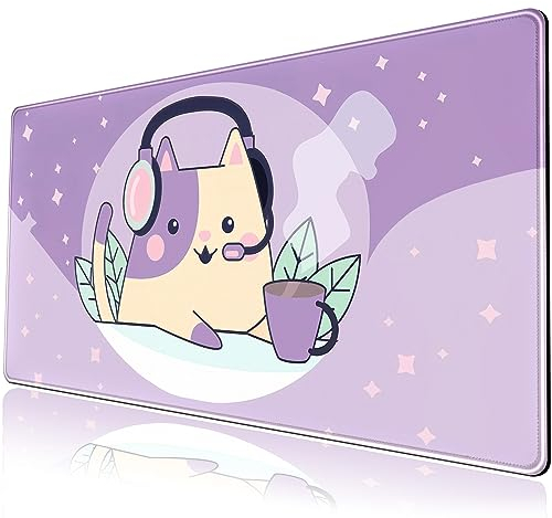 Kawaii lila rymdkatt skrivbordsmatta, söt anime utökad musmatta XXL, spelskrivbordsdyna, lång musmatta, tangentbordsmatta 80 x 40 cm, söta skrivbordstillbehör för flickor, skrivbordsinredning