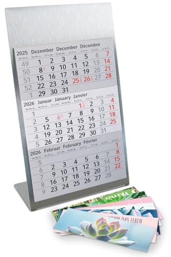 Calendrier de table Timr en acier inoxydable à poser I Motif cactus I pour 2 ans 2026/2027 I Format portrait 105 x 230 mm I Vue sur 3 mois avec blocs magnétiques I Multilingue D/GB/F I tr204