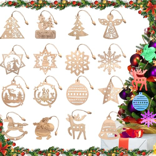 16 Stück Christbaumschmuck Holz, Holzanhänger Weihnachten Weihnachtsbaumschmuck Holz Holzanhänger Weihnachtsbaum, für DIY Weihnachtsdekoration Schneemann Elch Engel Christbaumschmuck zum