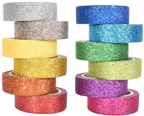 12 Rollen Washi Tape Set Bunte Glitzernde Bänder DIY Papier Tape Dekrativer Klebeband Bastelband für DIY Handwerk, Bullet Journals, Scrapbooking, Planer（15mm x 2m）