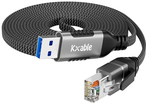 Flat USB to Ethernet Cable 15 FT, USB 3.0 A to RJ45 Thin Cord, Directly Connected, Aluminum, Braided, OFC, USB to RJ45 Gigabit LAN Network Cable for Laptop, PC, Switch and More, OD: 0.8in x 0.25in