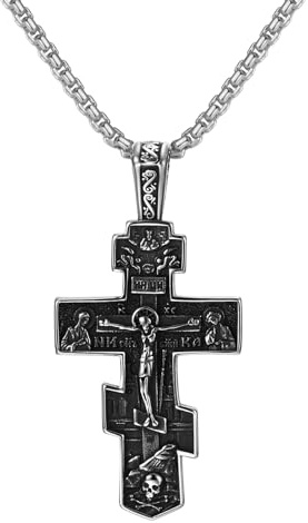 JewelryWe Schmuck Herren Anhänger Halskette Edelstahl großer katholischer Jesus Christus INRI Kruzifix Kreuz Anhänger mit 55cm Venezianer Kette Silber/Gold