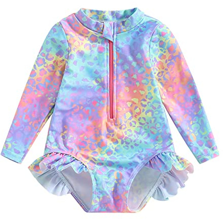 Toddler Baby Girl Swimming Costume Long Sleeve Zip Up Ruffle Mermaid Swimsuit Fish Scale Pattern Sun Protection Rash Guard Swimwear One Piece Bathing Suits Summer Beachwear (Blue Pink, 18-24 Months)