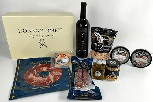 DON GOURMET, Cesta Gourmet para Regalar, Cesta Navidad, Queso curado, jamón ibérico, Fuet ibérico, lote embutidos ibéricos, aceite de oliva virgen extra, patés, pack ibéricos, Regalo Original.
