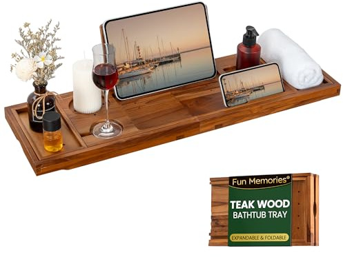 Teak Bathtub Tray - Luxury Bath Tray with Expandable Handles, Wine Glass and Phone Holders, Book Stand - Perfect for Home Spa Relaxation and Reading - Natural Bath Accessories - Light Walnut Color