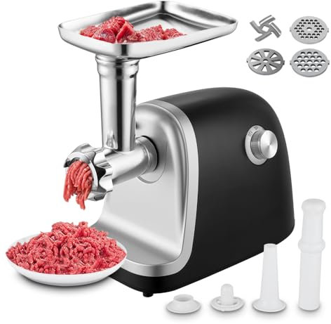 OFNHJK Electric Meat Grinder, Sausage Stuffer with 2 Sausage Tubes, 1 Blades, 3 Plates, 1200W Max, Stainless Steel Meat Grinder Heavy Duty for Home Kitchen Use