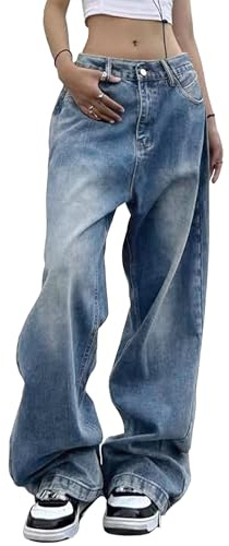 EMMIOL Women Wide Leg Jeans Mid-Low Waist Baggy Jeans Y2K 90s Denim Pants Loose Boyfriends Trousers Blue