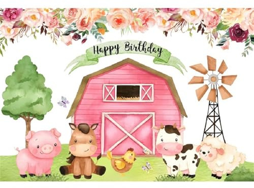 Xiaoterna 2,2x1,5m Sfondo di buon compleanno Animali della fattoria sfondo fotografico Fienile rosa carino Animale dei cartoni animati Sfondo di fattoria Decorazione per feste di compleanno