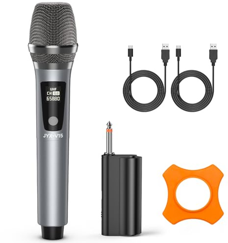 JYX Microfono senza fili ricaricabile in metallo UHF, portatile, senza fili, sistema di microfono dinamico, con ricevitore, adatto per karaoke, casa, voce, chiesa, matrimoni, altoparlante, feste