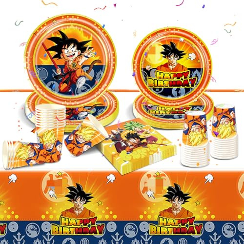 Papp Geburtstag Party Pappteller Kindergeburtstag- Anime Partygeschirr Set Birthday Dragon Geburtstagsdeko Mädchen Junge Geschirr Party Tableware Supplies Kit Teller Tischdecke Servietten Tassen