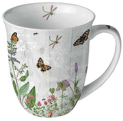Ambiente Taza de porcelana aprox. 400 ml, taza de hueso, taza de porcelana para té o café, primavera, verano, hierba jardín