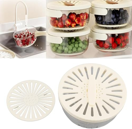 Obst Waschschüssel, Obst Waschen Abtropfkorb mit Deckel & Sieb & Faltbarem Griff, Verdickte Doppelschichtige Gemüse Abtropfschale Schüssel für Waschen Abtropfen Aufbewahren (Weiß)