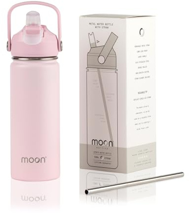 Moon Bottles - Insulated Water Bottle with Straw - Stainless Steel Sports Drink Bottle, Thermal Flask, 24hr Cold, 12hr Hot, Double Walled, Metal Straw, Silicon Spout, UK Company (500ml, Pink)