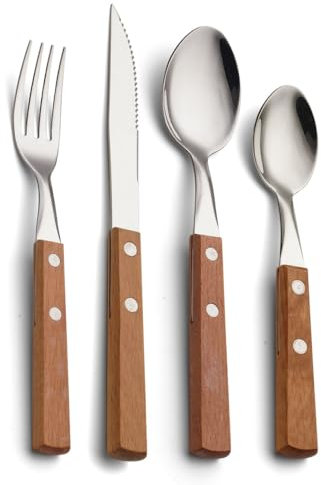 NHJSDLLMNZ Ensemble de Couverts Ensemble de Couverts en Acier Inoxydable, Couverts Portables à Steak avec Manche en Bois, Couverts Occidentaux, 4 pièces, Kaki