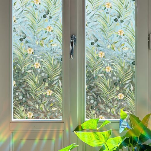 Runtoo Fenster-Sichtschutzfolie, Regenbogen-Palmenblätter, Fensteraufkleber, 3D, dekorativ, Boho, Vinyl, Buntglas, tropische Pflanze, Blätter, Aufkleber, statischer Aufkleber, nicht klebend, 40 x