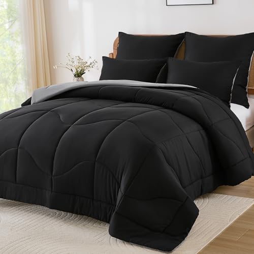 WONGS BEDDING Bettdecke 155x220 - Bettdecke Ganzjahresdecke 300 GSM Wende Steppdecke155x220 Pflegeleicht & Atmungsaktiv Schlafdecke mit 2 Kissenbezug 80x80 cm, Schwarz&Grau