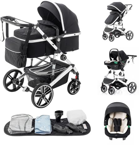 Zkiprm Kinderwagen 3-in-1- Reisesystem, Wasserdichter Baby Wagen mit Sitz, City-Kinder wagen set mit höhenverstellbarem Griff | Komplett mit Zubehör | Stoßdämpfendes Design, geeignet für 0-4 Jahre