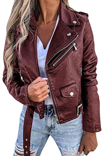 Giacca Ecopelle Donna- Chiodo Pelle Donna- Slim Fit Motociclista Zip Up Corto Cappotto Giubbino Corto Leggero Giacchetta Biker Casual Donna Giacca Moto Estiva Donna Giacca Primaverile Giacchetta