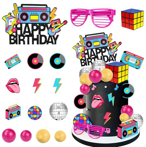 80er Geburtstag Tortendeko, Disco Kuchen Deko Tortenaufleger, Vintage Musik Kuchen Dekoration, Für Geburtstag Karneval Party, Neon Party Dekorationen Disco Ball Dance (A)