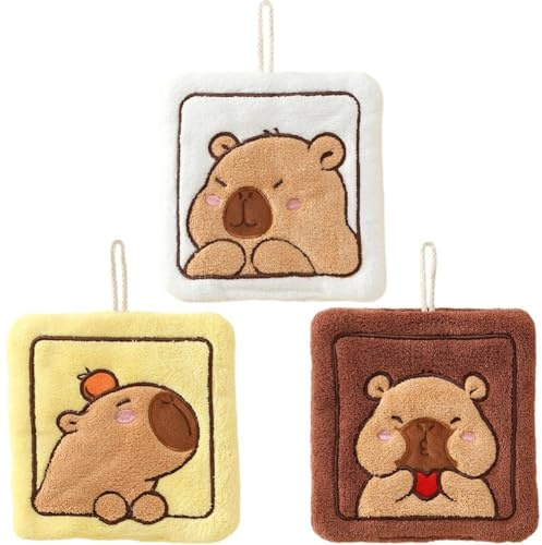 3pcs Kids Capybara Hand Towels, Microfiber Absorbent Towels Cute Animals Hand Towels Quick Dry Hanging Washcloths for Kitchen or Bathroom