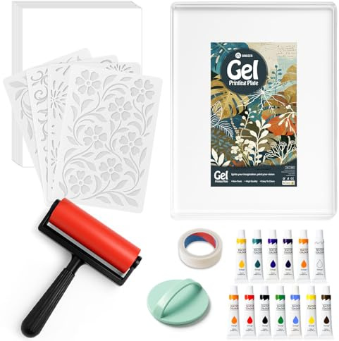 DINGSEN Gel Printing Plate Kit, Complete Printmaking Set with 8” X10” Gel Plate, Brayer, Watercolor Paints, A4 Printmaking Paper, and Essential Tools for Mixed Media Art, Monoprinting, Card Making
