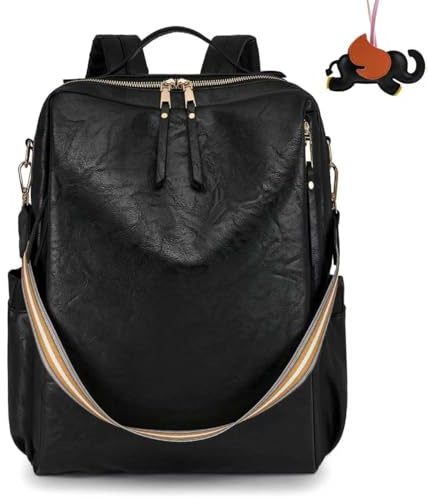 WANWEN Zaino Porta Computer Donna in Pelle, Zaino in Pelle Donna per PC, Con 1 Ciondolo, Numerose Tasche e Scomparto Separato per Laptop, Ideale per Lavoro e Viaggio (Nero)