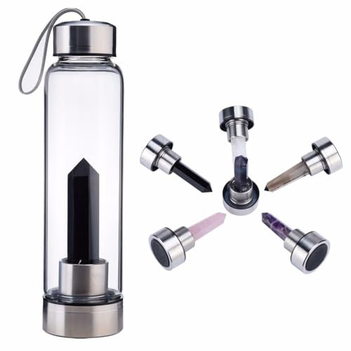 PAHION Botella De Agua De Cristal Natural Varita De Obelisk De Cuarzo Gemstone Cristal Reiki Point Healing Agua Infundida Con Energía De Elixir Botella De Agua Deportiva