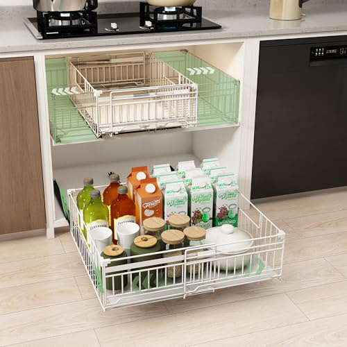 NETEL Paquete de 2 Cajones Extraíbles para Cocina, Cajón Telescópico Sin Taladrar, Fijación Autoadhesiva o con Tornillos, Largo Ajustable 33-51 x Fondo 38 x Alto 17 cm, Blanco