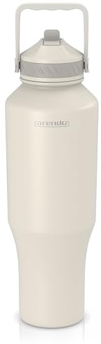 Arendo – Isolierfalsche – Edelstahl Thermoflasche – 1000 ml – mit Strohhalm, Deckel und Griff – hält warm/kalt – Beige – Ideal für Sport, Reisen und Fitness – BPA-frei