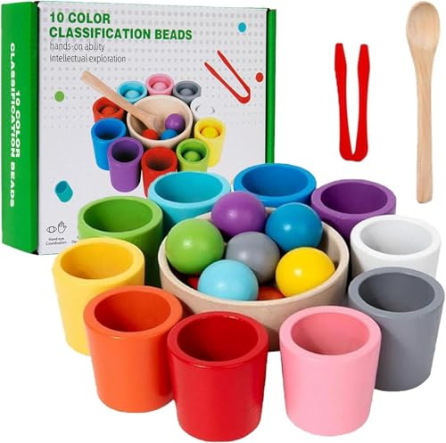 Azazaza Colour Sorting Cups, Wooden Rainbow Balls Stacking Cups, Fine Motor Skills Counting Learning Games, Montessori Colour Matching Toys for Toddlers 3 4 5 6