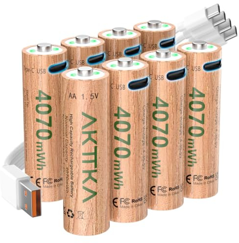 Juego de 8 Pilas AA de Litio 4070 mWh, 1,5 V, con Cable de Carga USB C 5V/2A de 1 a 4, Gran Potencia para mandos de Juegos, cerraduras de Puertas Inteligentes, cámaras de vigilancia