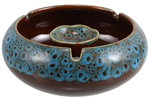 OFFIGAM Large Ceramic Ashtray with Inner Curved Bowl Blue Finish, Decorative Smoking Ash Tray for Home and Office Use, Retro Style Desk Ash Holder for Cigarette Smokers