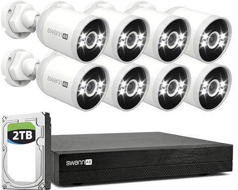Swann AdvancedX 4K Wired NVR Security Camera System, 16 Channels, 8 Outdoor PoE Cameras, 1TB Hard Drive Storage, Color Night Vision, Video Analysis (8 Bullet Cameras 16 Channel NVR 4K 2TB HDD)