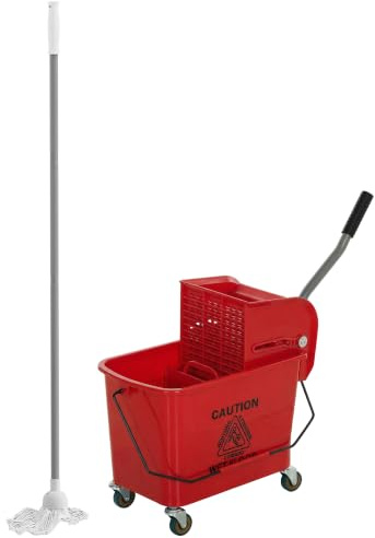 HOMCOM Cubo de Fregona con Ruedas 20 L Sistema de Escurridor Mopa Rojo | Cubo de Fregar, Asa de Transporte, para Doméstico y Comercial