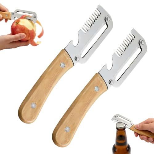 Pelapatate multifunzione 3 in 1: Pelapatate, Affettatrice a Julienne E apribottiglie, 2 Pelapatate con Manico in Legno in Acciaio Inox per La cucina
