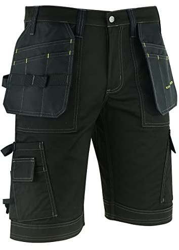 WrightFits Pro Builder Work Shorts Men - Black - Heavy Duty Safety Combat Cargo Summer Shorts – Multi Holster Pockets - Triple Stitched Durable Workwear(38W)