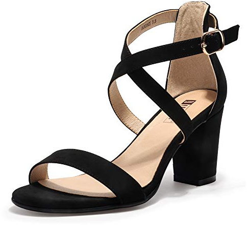 IDIFU Women's IN3 Grace Strappy Block Heels Sandals Comfy Open Toe Chunky Dress Wedding Shoes with Adjustable Cross Strap (Black Nubuck, 8.5 M US)
