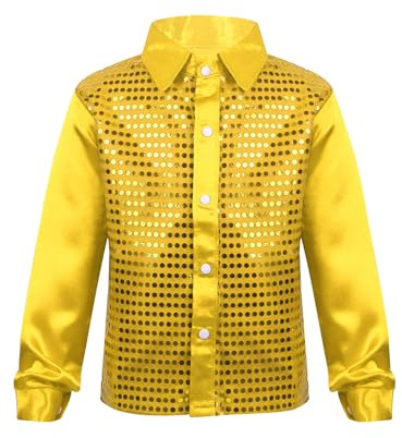 Freebily Kids Boys Long Sleeve Sequin Shirt Disco Hip-hop Jazz Dance Tops Stage Performance Costumes Gold 7-8 Years