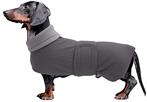 MOREZI Winterhundejacke mit wattiertem Flusenfutter, verstellbarem Klettknopf und hochklappbarem Stehkragen. Sehr gut geeignet für Dackel und kleine und mittelgroße Jagdhunde-Grau-S
